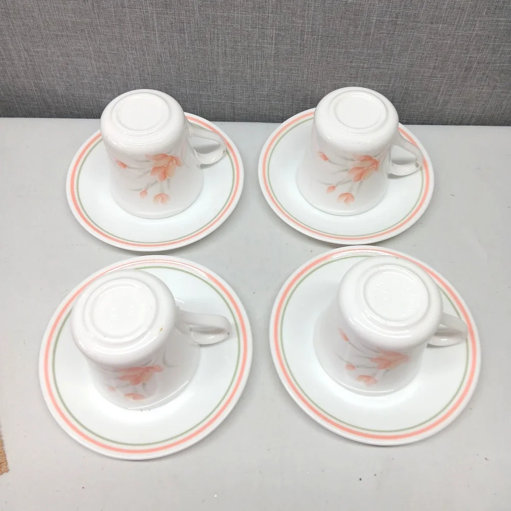 Vintage Corelle Peach Floral Cup Saucer Set‎ 4 Pink Green Stripe USA